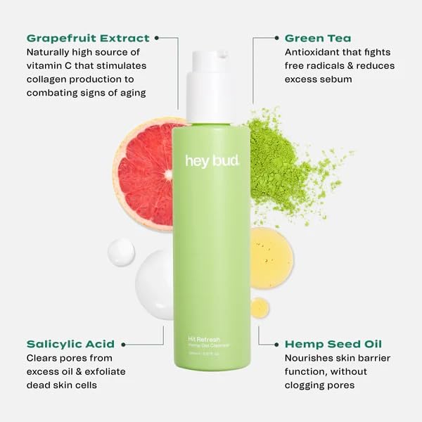 Hey Bud Skincare Hit Refresh, Hemp Gel Cleanser, Gently Cleanses and Helps Reduce Excess Oils, Vegan and Cruelty Free (5.07 fl oz.)