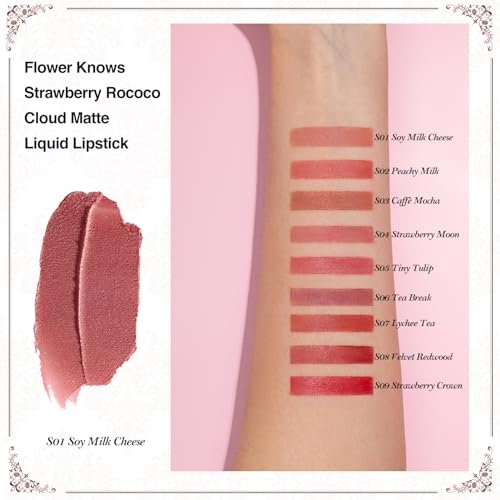 Flower Knows Strawberry Rococo Cloud Lip Cream Matte Liquid Lipstick-Long Lasting&Highly Pigmented Lip Stain -Velvety Waterproof Lip Makeup for Girls&Women-0.12 Fl Oz,1 Count(S01 Soy Milk Cheese)