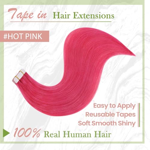 RUNATURE Seamless Tape in Hair Extensions Human Hair 22 Inch 25g 10pcs Hot Pink Hair Extensions Tape Ins Skin Weft Invisible Tape in Real Hair Extensions for Women Full Ends Natural Remy Hair