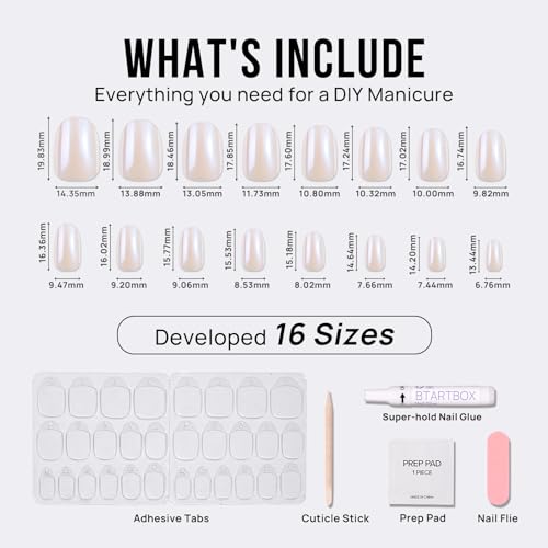 BTArtbox Press On Nails Short - Soft Gel Chrome Press on Nails Short Oval Nails Fake Nail with Nail Glue, Fit Perfectly, Reusable Glue On Nails in 16 Sizes, Chrome Pearl