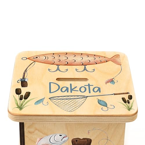 Wooden Piggy Bank for Kids and Adults, Personalized Gift Handmade in USA by BloomOwl, Custom Piggy Bank, Personalized Banks for Kids, Gifts for Baby Boys and Girls (Fishing)