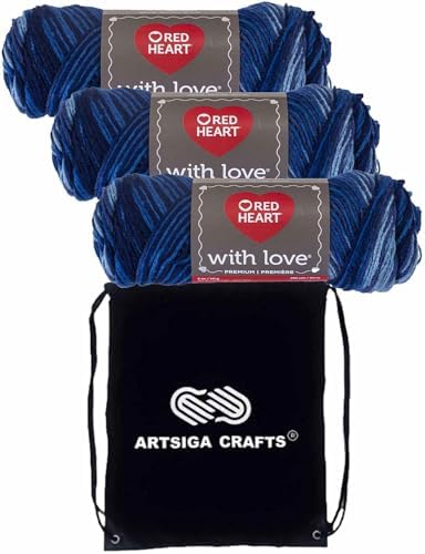Red Heart with Love Deep Blues E400-1937 (3-Skeins - Same Dye Lot) Worsted Medium #4 Acrylic Yarn for Crocheting and Knitting with Project Bag