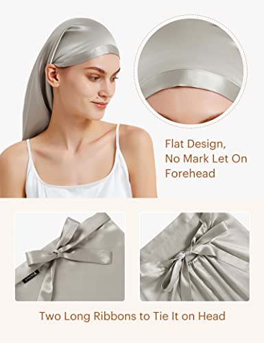 LilySilk Mulberry Silk Sleep Cap 100% 19 Momme Long Silk Bonnet for Curly Hair, Night Cap for Sleeping, Silk Hair Wrap for Women Silvergray