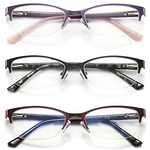 HOTJOJO 3 Pack Reading Glasses for Women Blue Light Blocking, Metal Oval Half Frame Womens Readers Glass with Spring Hinge, Anti Blue Ray Reduce Eye Strain Glare Headache(175 Magnification Strength)