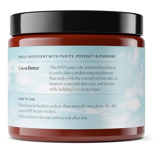Sky Organics Cocoa Butter for Body, 100% Raw & Unrefined Ultra-Moisturizing Butter to Deeply Hydrate & Condition Skin, Promotes Smooth Skin Tone & Texture, Suitable for Tight or Extra Dry Skin, 16 Oz.