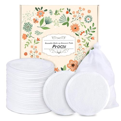 ProCIV Reusable Makeup Remover Pads - 16 Packs Washable Organic Reusable Cotton Rounds for All Skin Types & Toner with Laundry Bag, Zero Waste Reusable Cotton Pads for Face for Woman Gift (White)