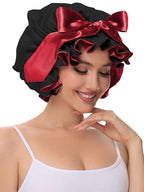Hair Bonnet for Sleeping, Satin Silk Shower Cap Women 2025 with Tie Band and Adjustable Straps Head Wrap for Curly Hair Black F