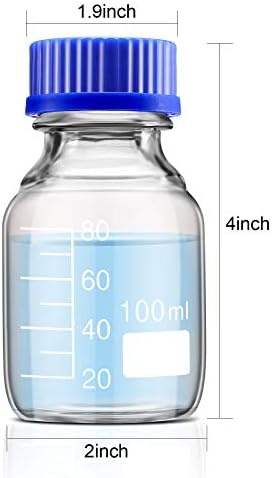 Patelai 4 Pieces Glass Round Media Storage Glass Bottles Borosilicate Media Bottles with GL45 Blue Screw Cap for Lab Water Reagent Liquids(100 ml)