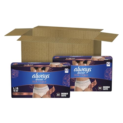 Always Discreet Boutique Incontinence and Postpartum Underwear for Women, Maximum Protection, Large, Rosy, 44 Count (2 Packs of 22)