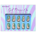 BTArtbox Press On Nails Almond - Spring Green French Tip Press On Nails Short for Gift, Light Weight Nail Tips, Natural Fake Nail with Glue, Glue On Nails in 16 Sizes - 30 Nail Kit, Turquoise