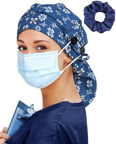 Satin Lined Scrub Cap for Women Extra Large Long Hair Surgical Nurse Cap 4 Buttons