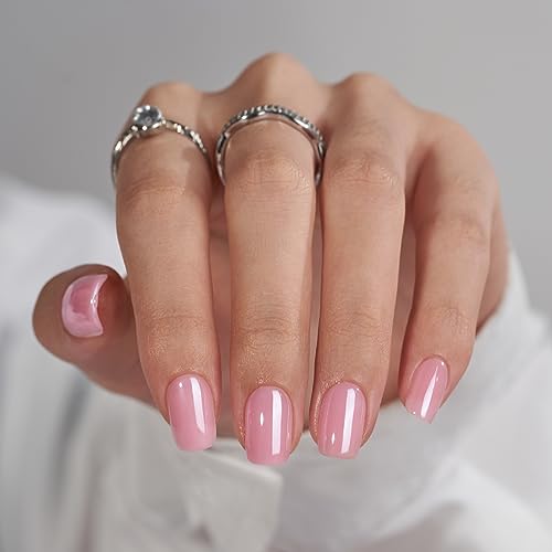 BTArtbox Press On Nails Short - Square Press On Nails, Pink Chrome Nail Tips Glue On Nails with Nail Glue, Reusable Stick On Nails in 15 Sizes - 30 Soft Gel Fake Nails Kit, Lotus Glazed