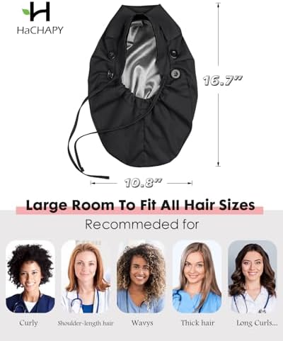 Large Satin Lined Scrub Cap for Women Long Hair Nurse Head Cap Surgical Bonnet 4 Buttons