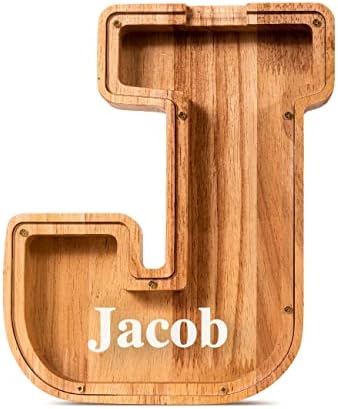 Summidate Customized Name Large Wooden Piggy Bank for Kids Boys Girls Alphabets Letter A-Z Coins Bills Money Change Bank Box Initial on Clear Cover (Laser Engraved) (Alphabet-J, 9")