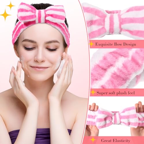 WILLBOND 24 Pack Spa Headband Bow Hairband Facial Makeup Women Face Wash Adjustable Skincare Headbands Flannel Towel Soft Head Wraps for Women Shower Washing Face(Cute Pattern)