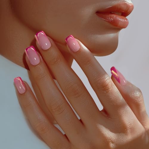 BTArtbox French Tip Press On Nails - Trendy Short Square Fake Nails with Metallic Chrome Pink Color, Reusable Glue On Nails in 16 Sizes for Christmas Gift, Metallic Petal