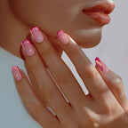 BTArtbox French Tip Press On Nails - Trendy Short Square Fake Nails with Metallic Chrome Pink Color, Reusable Glue On Nails in 16 Sizes for Christmas Gift, Metallic Petal