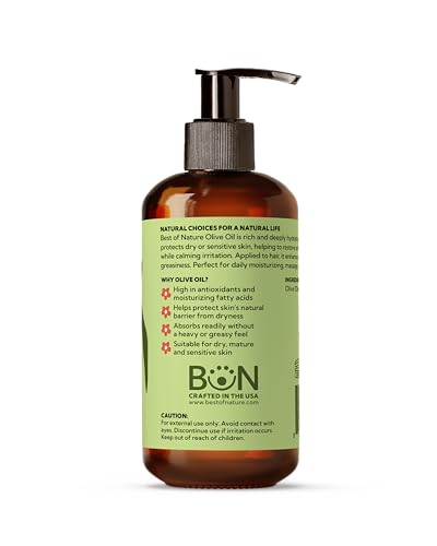 Best of Nature 100% Pure Olive Massage & Body Oil – Cold Pressed, Natural & Unscented Moisturizer for Skin, Hair & Bath, 8 fl oz