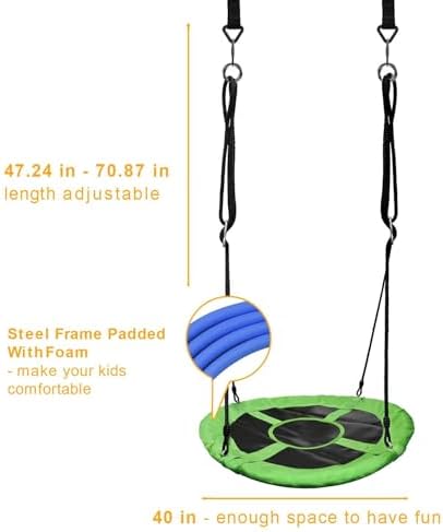 PACEARTH 40 Inch Saucer Tree Swing Flying 900lb Weight Capacity 2 Added Hanging Straps Adjustable Multi-Strand Ropes Colorful Safe and Durable Swing Seat for Children-Green