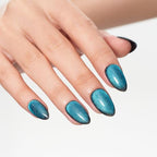 GLAMERMAID Press on Nails Short Almond, Handmade Lake Blue Cat Eyes Gel Glue on Nails, 24Pcs Glossy Short Stiletto Reusable UV Finish Fake Nails Acrylic False Nails Manicure Kits for Women