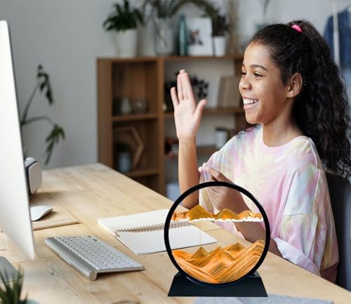 Moving Sand Art Liquid Motion - Moving Sand Art Picture Decor 3D Deep Sea Sandscape, Round Glass Frame Display Flowing Sand Relaxing Toy for Desktop Home Office Work Decoration(Yellow, 12")