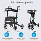 Rollator Walkers for Seniors with Seat, No Assembly Foldable 8" Non-Slip Big Wheels All Terrain Lightweight Durable Aluminum Rolling Walker with Comfortable Backrest