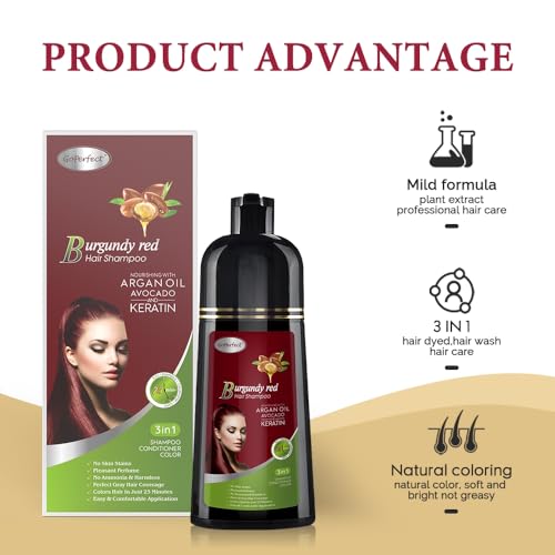 Natural Hair Dye Shampoo 3 IN 1, Hair Color for Gray Hair Coverage, Hair Coloring Shampoo for Women, Color Shampoo Beard Dye for Men, Vegan Ammonia Free Hair Shampoo (BURGUNDY RED)