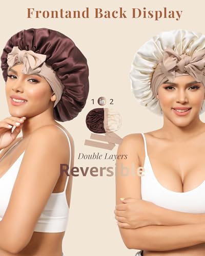 AWAYTR Silk Bonnet for Sleeping Women 100% Mulberry Silk Bonnet with Band 2 Layer Reversible Hair Bonnet Sleeping Hair Wrap (Silk, Dark Brown/Light Champagne)