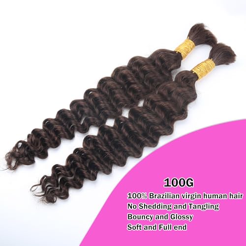 Human Braiding Hair for Boho Braids Deep Water Wave Curly Bulk Human Hair for Braiding Brazilian Virgin Human Hair for Micro Braiding Wet and Wavy Human Braiding Hair 100g 20inch Chocolate Brown
