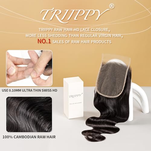 Triippy Raw Hair 5x5 HD Lace Closure Body Wave More Less Shedding than Regular Virgin Hair, 0.10mm Ultra-Thin 5x5 Swiss Real HD Lace with 100% Raw Cambodian Human Hair 16 Inches