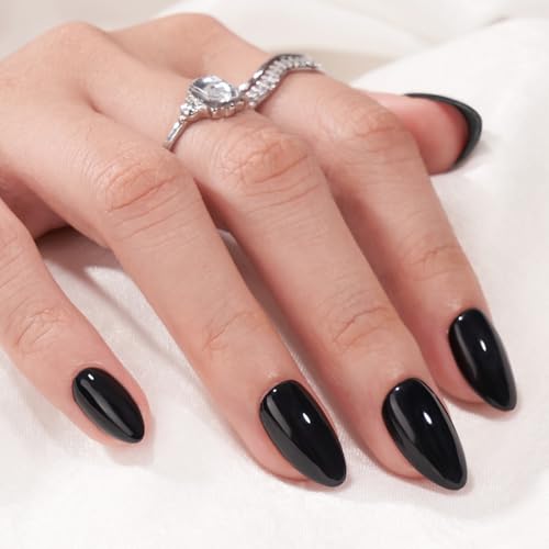 Black Press On Nails Almond - BTArtbox Short Press On Nails with Nail Glue, Fit Perfectly & Natural Reusable Stick On Nails in 16 Sizes - 30PCS Soft Gel Glue On Nails Kit, Black Velvet