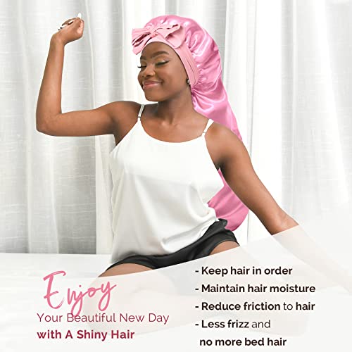 YANIBEST Silk Bonnet for Sleeping Women Braid Bonnet for Long Hair with Tie Band Satin Bonnet for Braids Hair Sleeping Cap Gifts for Women Pink