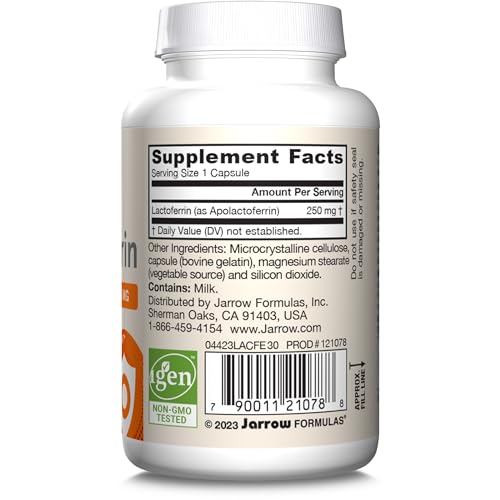 Jarrow Formulas Lactoferrin Supplements 250 mg - Immune-Supporting Glycoprotein for Healthy Immune System Support & Iron Absorption - Freeze Dried, Gluten Free, Non-GMO - 30 Capsules (Servings)