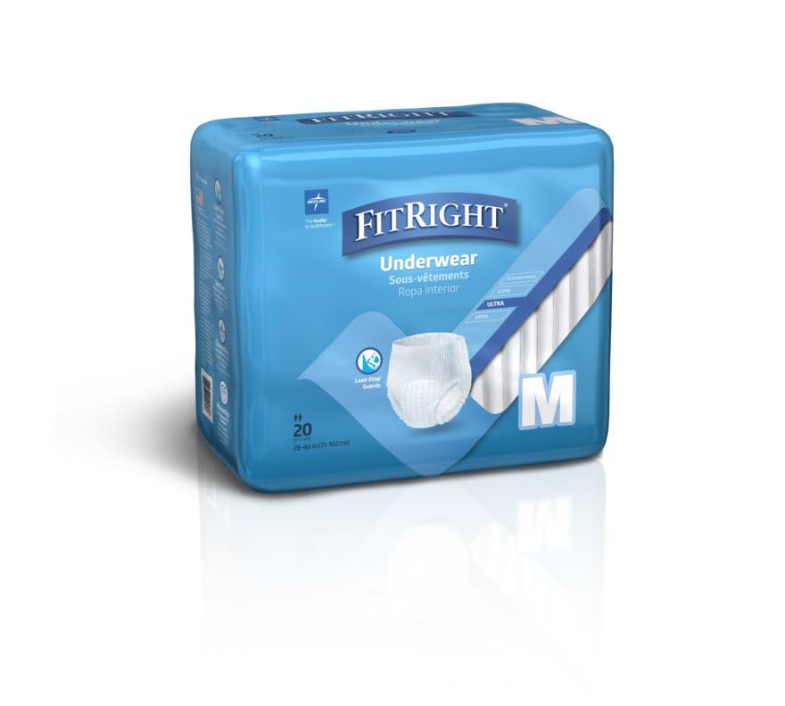 FitRight Ultra Unisex Adult Protective Underwear, Medium Size for Waist 28-40 Inches, Heavy Absorbency, Dependable Incontinence Protection, 80 Count (4 Packs of 20)