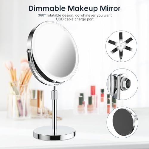 Makeup Mirror with Lights, Height & Brightness Adjustable Lighted Makeup Mirror with 10x Magnification, 8" Rechargeable Double Sided Vanity Mirror with 3 Colors Lights