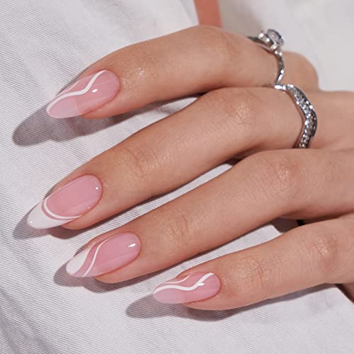 BTArtbox Press On Nails Medium - Soft Gel French Tip Press On Nails, Almond Glue On Nails with Nail Glue, Reusable Stick On Nails in 15 Sizes, White Swirl