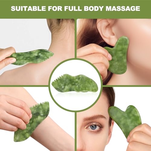 2PCS Jade Stone Gua Sha Set Face Massager Jade Gua Sha Facial Tools Body Lymphatic Drainage Massager Face Guasha Face Sculpting Tool Skin Care Set Gifts for Women Gua Sha Sculpting for Tighten Skin
