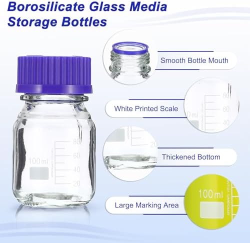 PATIKIL 8 Pack Reagent Media Storage Bottles, 100ml Borosilicate Glass Graduated Round Bottles with GL45 Blue Screw Cap for Lab Water Reagent Liquids, Clear