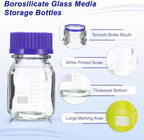 PATIKIL 8 Pack Reagent Media Storage Bottles, 100ml Borosilicate Glass Graduated Round Bottles with GL45 Blue Screw Cap for Lab Water Reagent Liquids, Clear