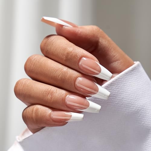 BTArtbox French Tip Press On Nails - Press On Nails Medium Coffin, Glue On Nails for Gifts, Natural Reusable Stick On Nails in 15 Sizes - 30 Fake Nails Kit