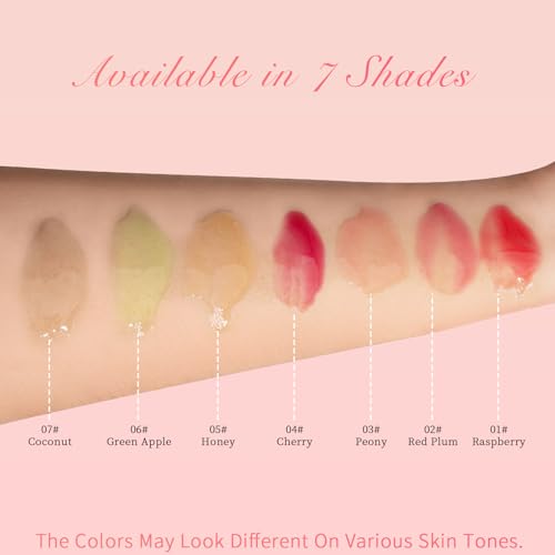 Hydrating Lip Glow Oil - 2PCS Tinted Moisturizing Lip Gloss Plumping Long-Lasting Shiny Fruit Flavor Lip Stain, 0.10 Fl Oz (Raspberry&Green Apple)