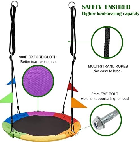 PACEARTH 40 Inch Saucer Tree Swing Flying 900lb Weight Capacity 2 Added Hanging Straps Adjustable Multi-Strand Ropes Colorful Safe and Durable Swing Seat for Children