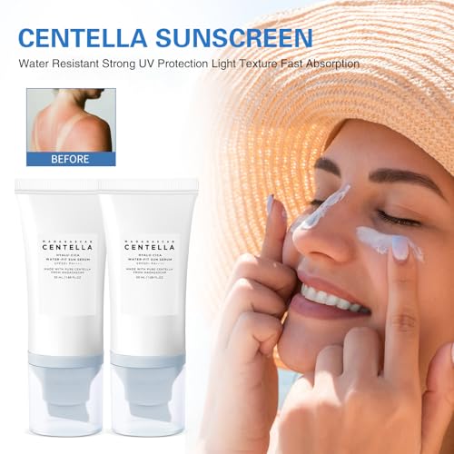 2PCS Centella Sunscreen SPF 50, Daily UV Defense Summer Sunblock for Face, 50ML 𝑴𝒂𝒅𝒂𝒈𝒂𝒔𝒄𝒂𝒓 Sunscreen Face Serum,Travel Essentials for Black Girl