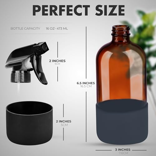 16oz Empty Glass Spray Bottle with Silicone Sleeve Protection - Refillable Containers for Cleaning Solutions, Essential Oils, Misting Plants - Including 3 Sprayers (Amber, 2 PACK)