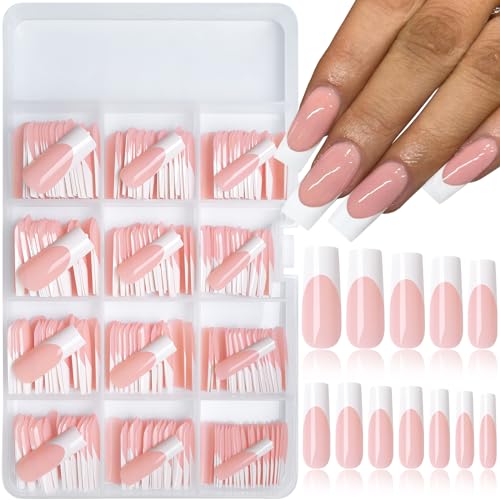 240pc French Tip Press on Nails Long Fake Nails with Glue and Adhesive Tab, False Acrylic Nails Press on Nails Square Nail Tips Artificial Glue on Nails Press ons Fingernail Stick on Nails