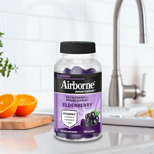 Airborne Elderberry + Zinc & Vitamin C Gummies for Adults, Immune Support with Antioxidants Vitamins C, D & E, 130 Count, Elderberry Flavor