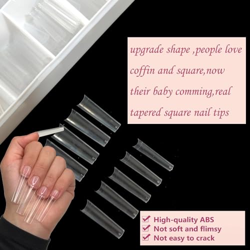 XL Tapered Square Nail Tips No C Curve,500Pcs Clear Medium Half Cover Long Coffin Shaped for Professional Manicure Salon and Home DIY