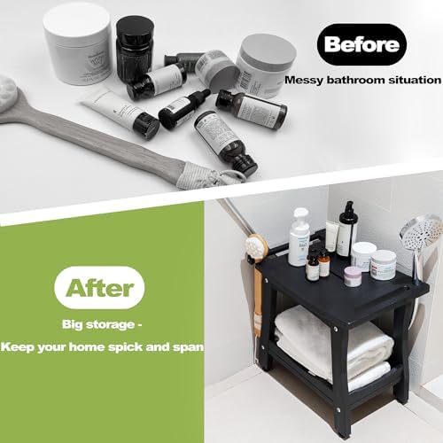 Y&M 2-Tier Bathroom Shower Bench with Waterproof Storage Shelf, HDPE Towel & Shower Head Shelves Curved Seat, Small Tub Chair for Shaving Legs Foot Stool, Bath, Spa, Indoor or Outdoor Use, Black