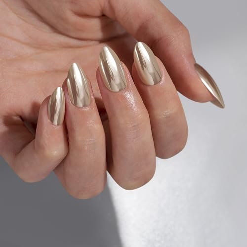BTArtbox Press On Nails Short - Mirror Shine Silver Press On Nails Almond, Chrome Glazed Glue On Nails for Gifts, Reusable Stick On Nails in 16 Sizes, Holo Pearl