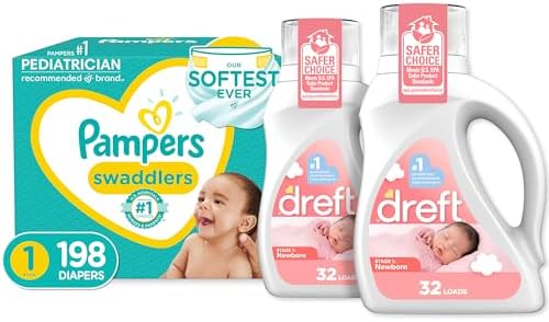 Baby Diapers Newborn/Size 1 (8-14 lb), 198 Count and Baby Laundry Detergent Pack of 2 - Pampers Swaddlers, One Month Supply & Dreft Stage 1 Newborn Hypoallergenic 50 Fl Oz (Packaging May Vary)